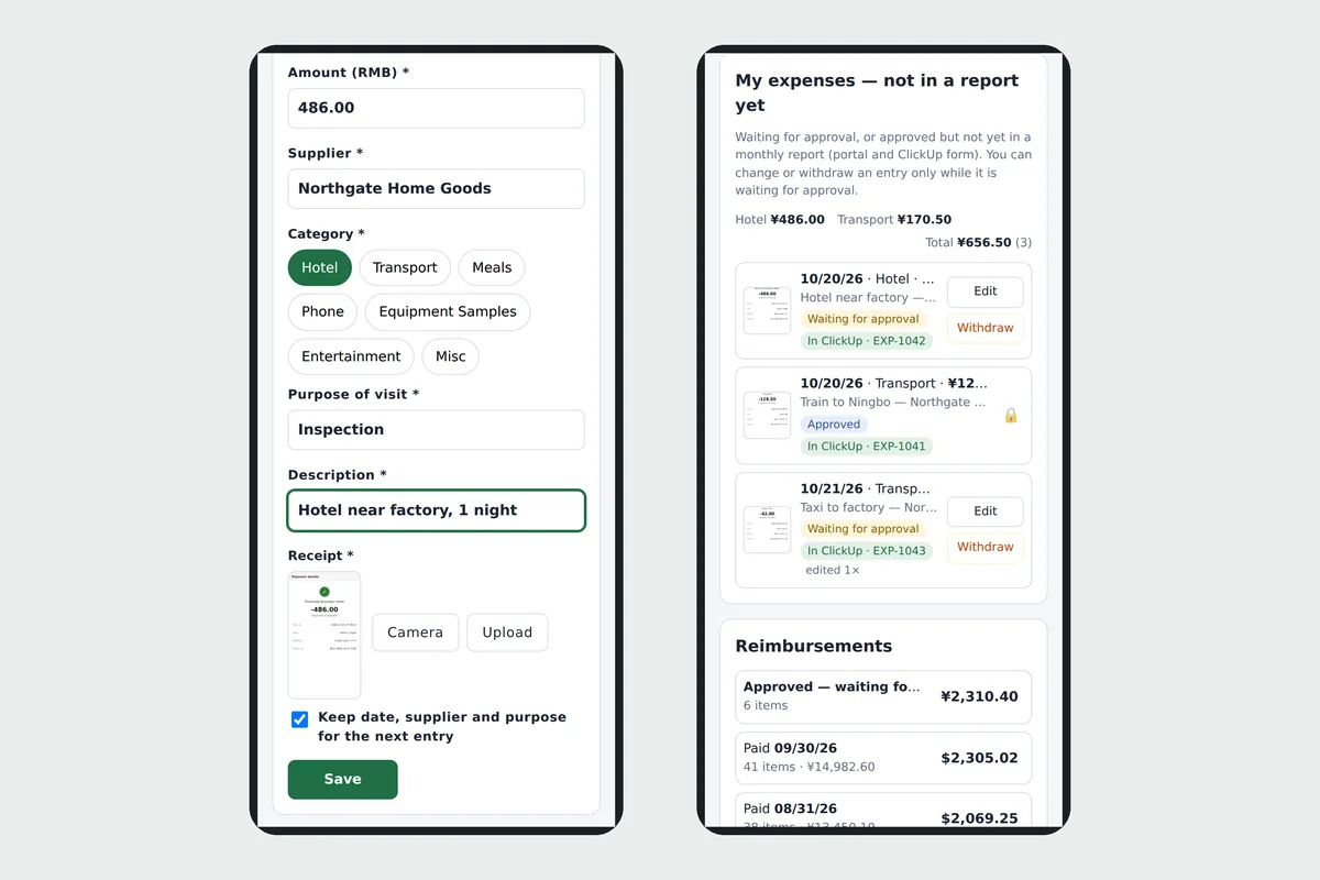 Expense entry on a phone — one receipt per entry, with approval states and reimbursements (demo data)